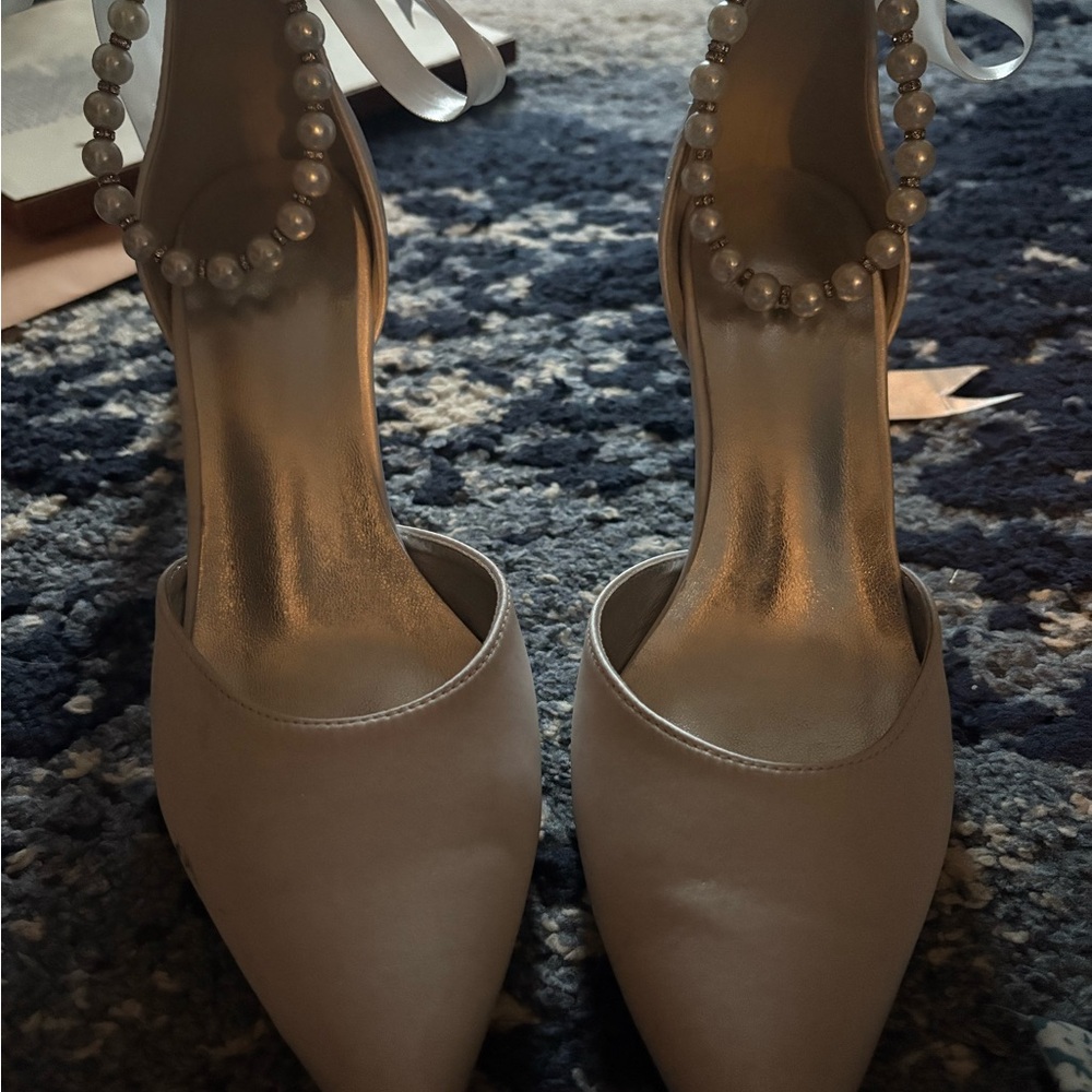 Elegant Pearl-Embellished White Heels